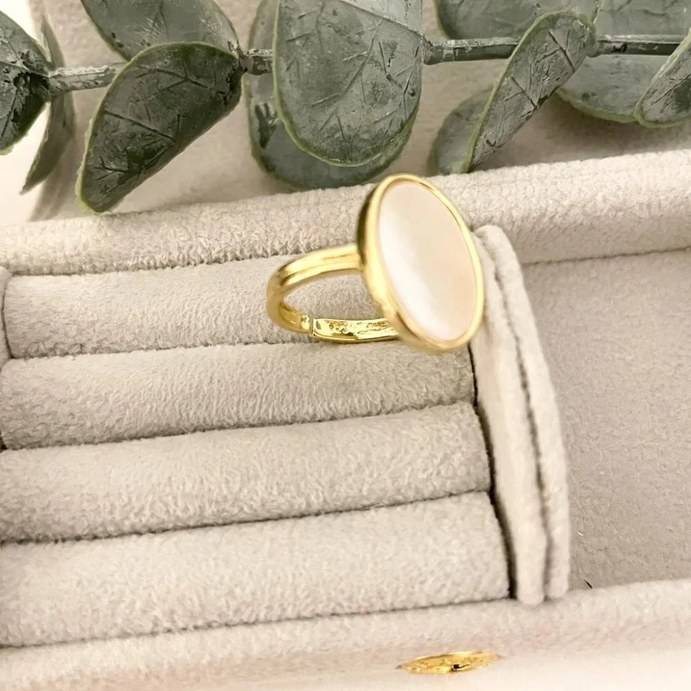925 Sterling Silver Mother of Pearl Gold Statement Ring Chunky Bold Ring - Picture 3 of 6